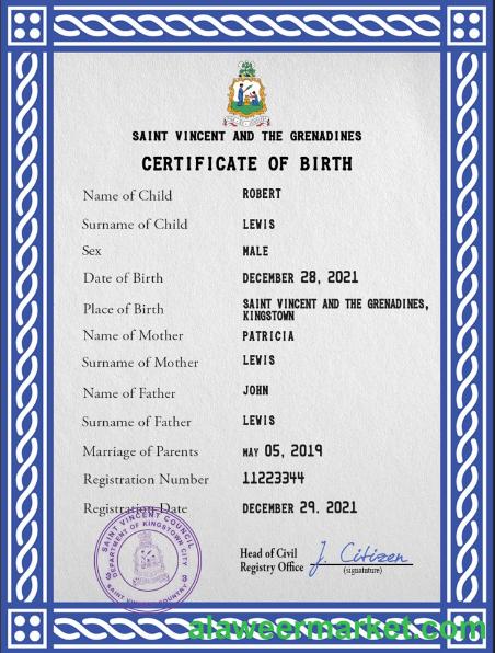 Saint Vincent and the Grenadines birth certificate PSD template